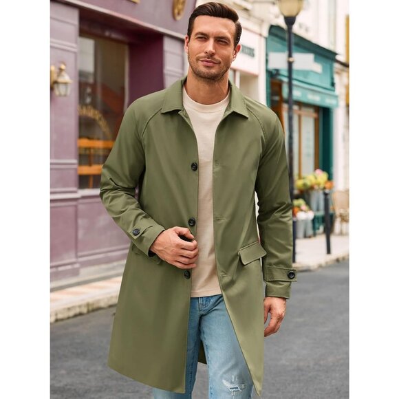 Men's Green Slim-Fit Single-Breasted Trench Coat Long Windbreaker Overcoat - Picture 2 of 5